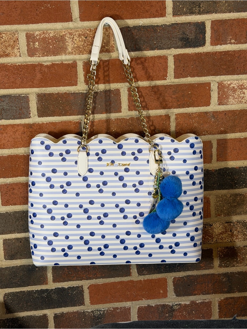 NWT Betsey Johnson White & Blue Polka Dot Scalloped Tote Bag with Blue Pom Charm